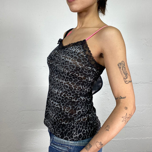 Vintage 2000's Sleaze Girl Grey Chetaah Print Cami Top with Neon Pink Straps Detail (M)