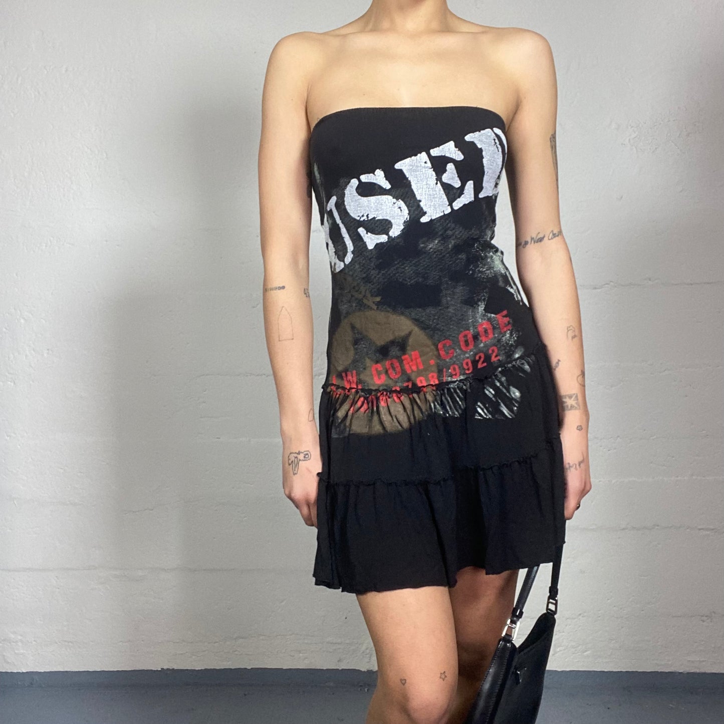 Vintage 2000's Cool Girl Black Bandeau Mini Dress with Stamped Graffiti Print (XS)