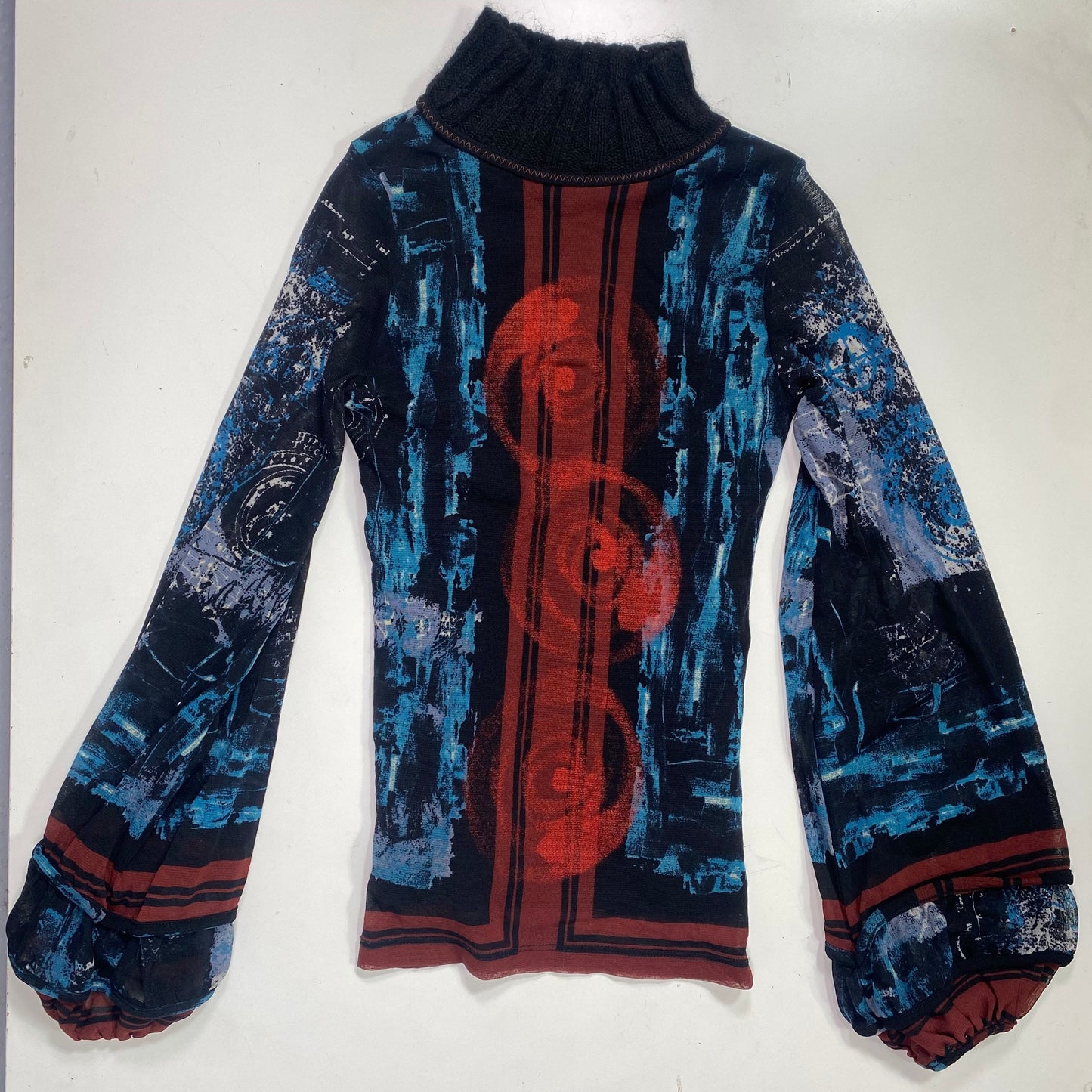 Vintage 90's Batik Save the Queen Navy Blue Longsleeve Top with Hand Painted-Like Spiral Print (S)