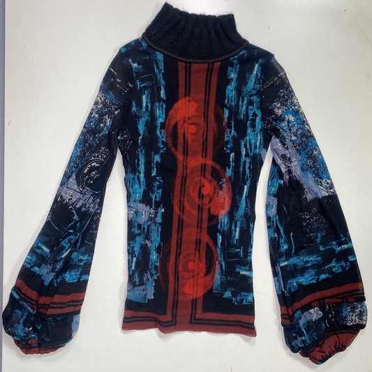 Vintage 90's Batik Save the Queen Navy Blue Longsleeve Top with Hand Painted-Like Spiral Print (S)