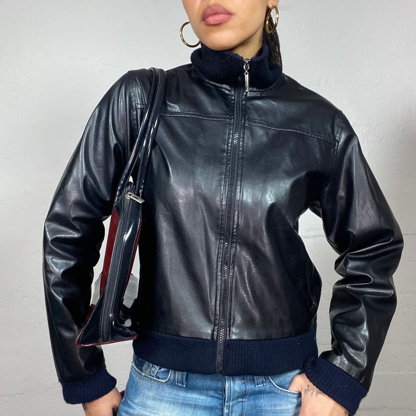 Vintage 2000's Archive Black Straight Cut Biker Jacket with High Neck and Maille Detail (M)