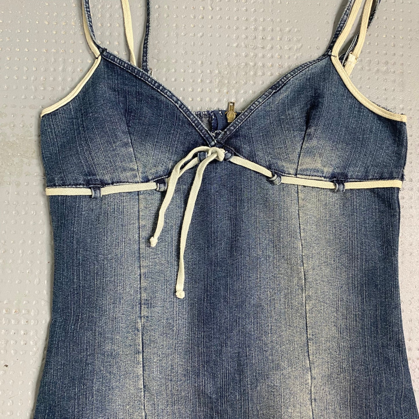 Vintage 2000's Barbie Denim Bodycon Dress with White Lace Up Trim Detail (XS)