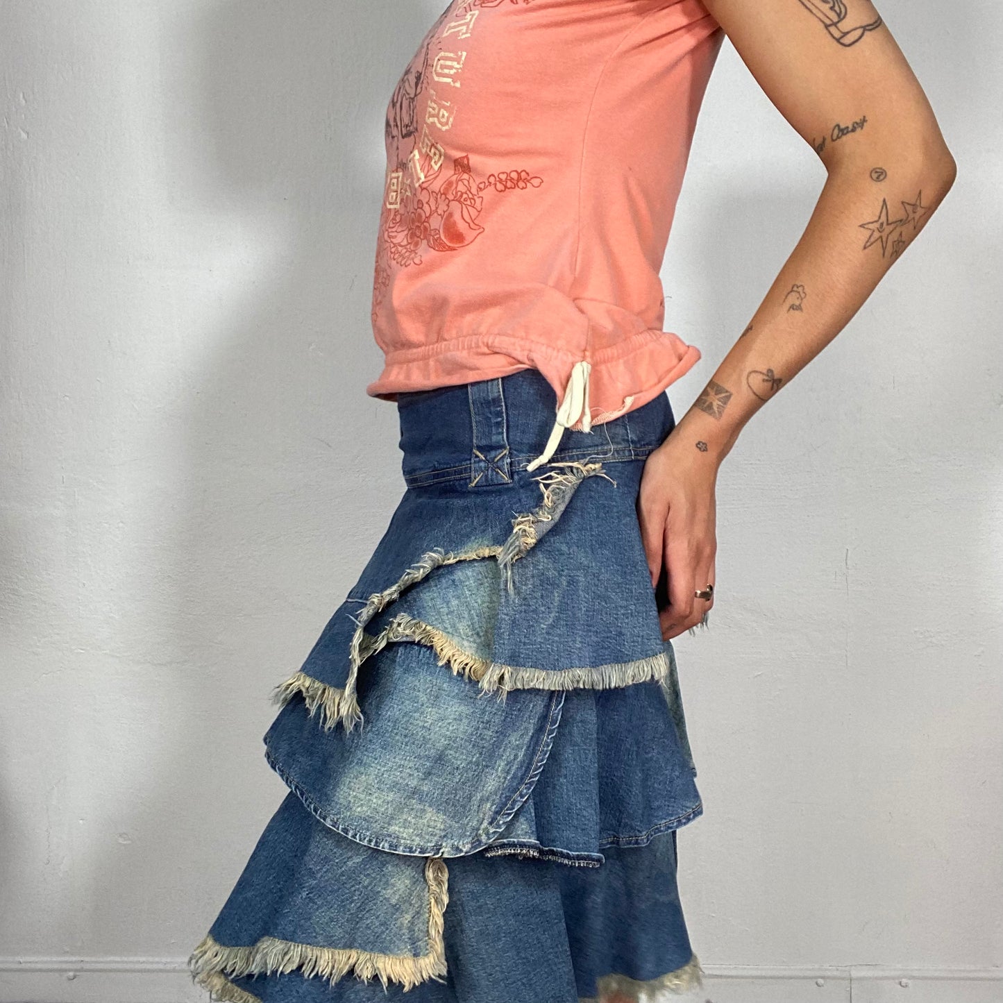 Vintage 2000's Morgan De Toi Denim Layered Midi Skirt with Raw Hem (S/M)