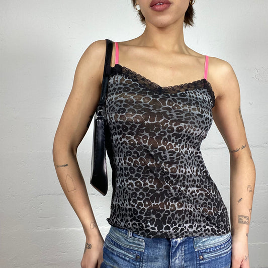 Vintage 2000's Sleaze Girl Grey Chetaah Print Cami Top with Neon Pink Straps Detail (M)