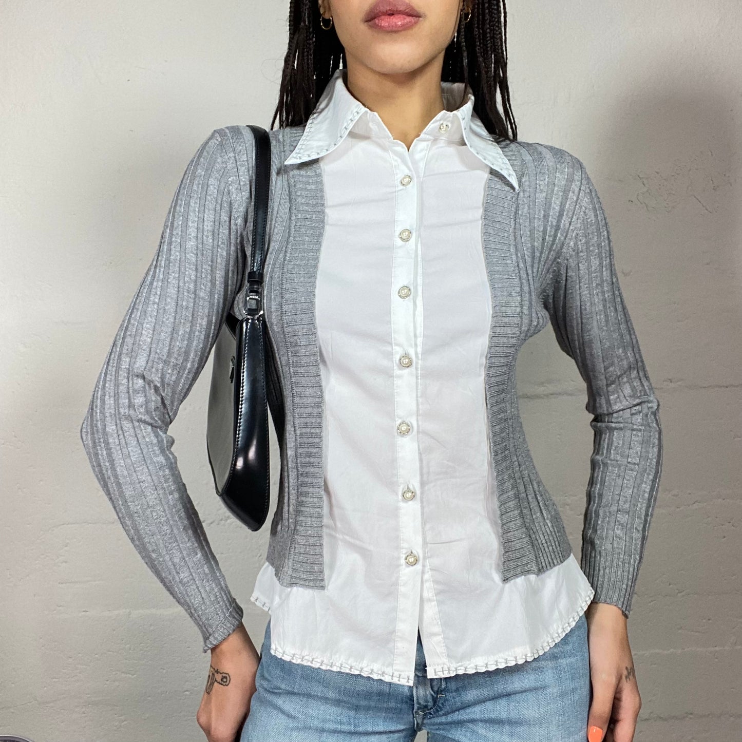 Vintage 2000's Office Girl Layered Knitted Grey Longlseeve Bolero with White Shirt (S/M)