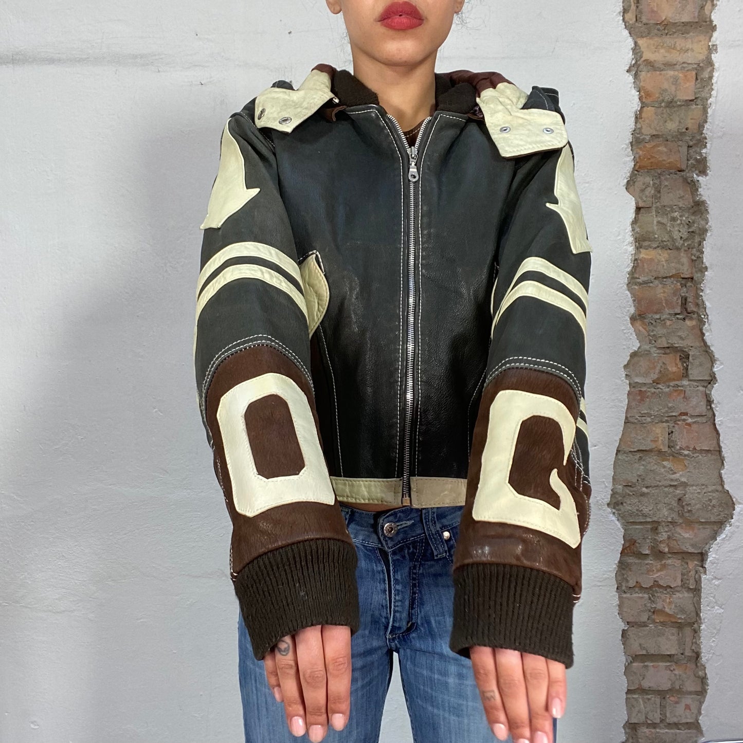 Vintage 90's Streetstyle Black Brown and White Leather Jacket with Hood (M)