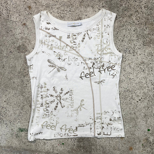 Vintage 2000's Downtown Girl White Tank Top with Brown Stamped "Feel Free" Typography Print (M)