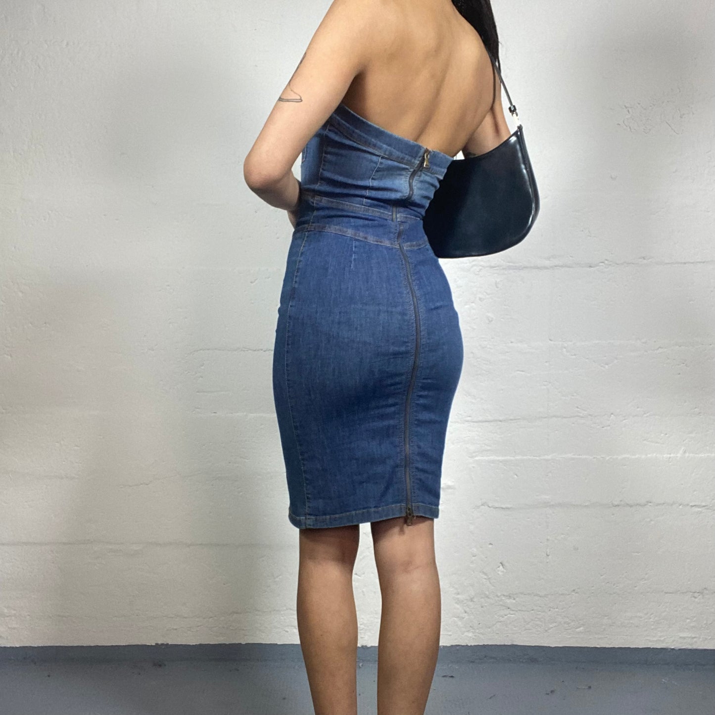 Vintage 2000's Pin Up Denim Midi Bodycon Dress with Pockets and Buttons Detail (S)