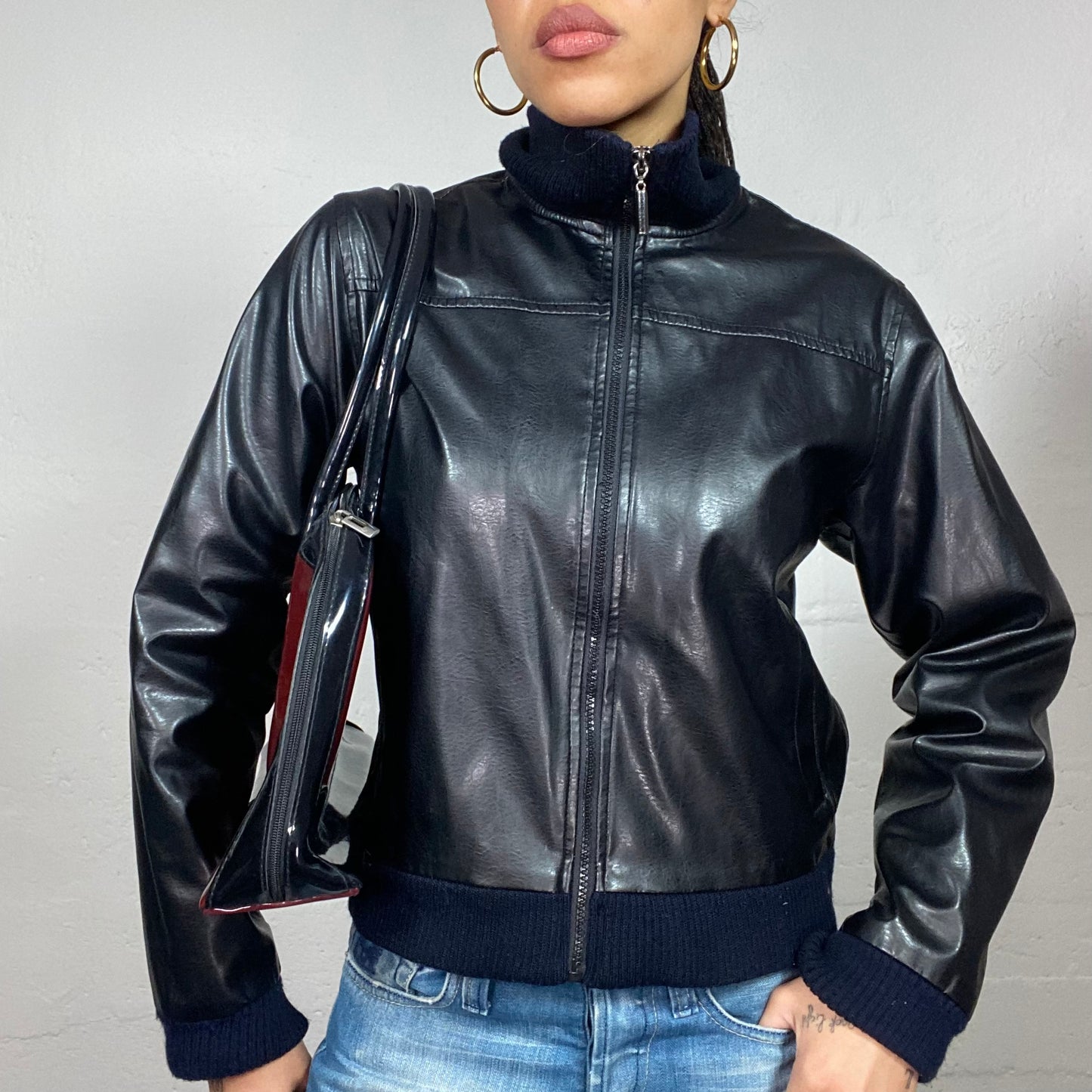 Vintage 2000's Archive Black Straight Cut Biker Jacket with High Neck and Maille Detail (M)