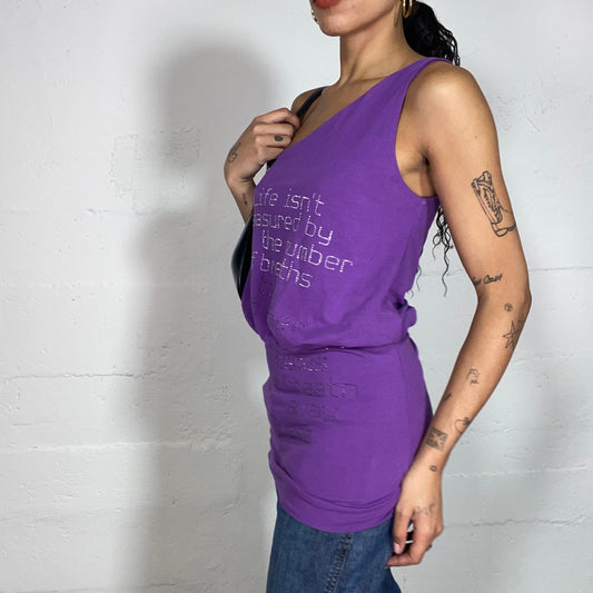 Vintage 2000's Guess Clubwear Purple One Shoulder Top with Rhinestones Text Print (S/M)