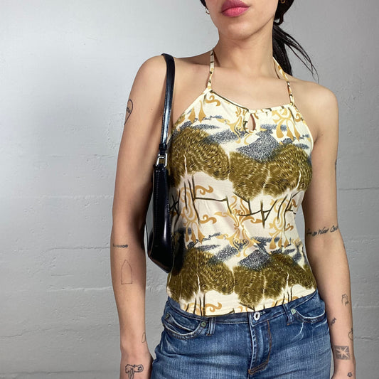 Vintage 2000's Boho Yellow Top with Ethnic Print (S)