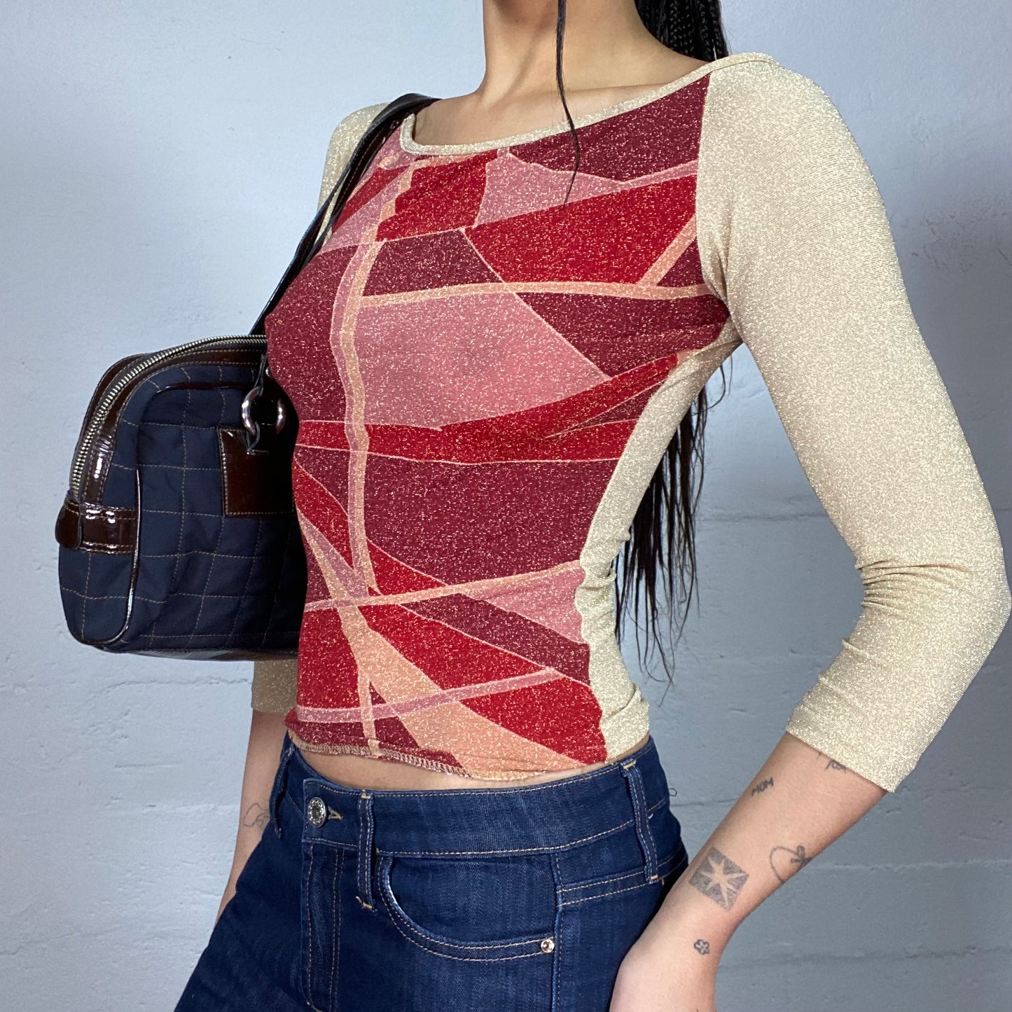 Vintage 90's Funky Glitter Gold Longsleeve Top with Red Cubism Print (S)