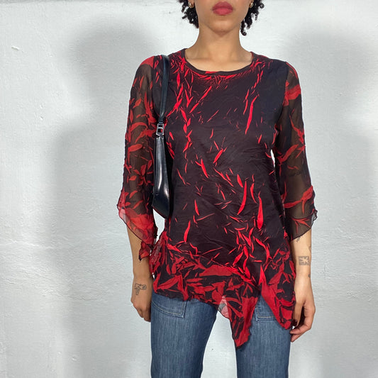 Vintage 2000's Black Mesh Tunika Top with Red Leaf Print (S/M)