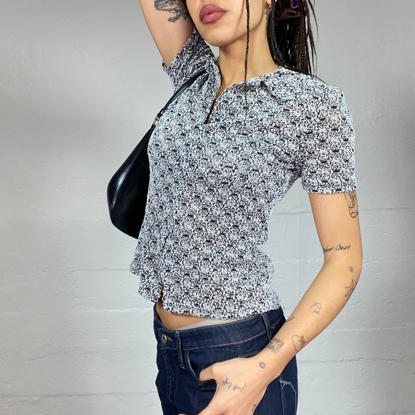 Vintage 2000's Classic Black Button Up Top with Print Detail (S)