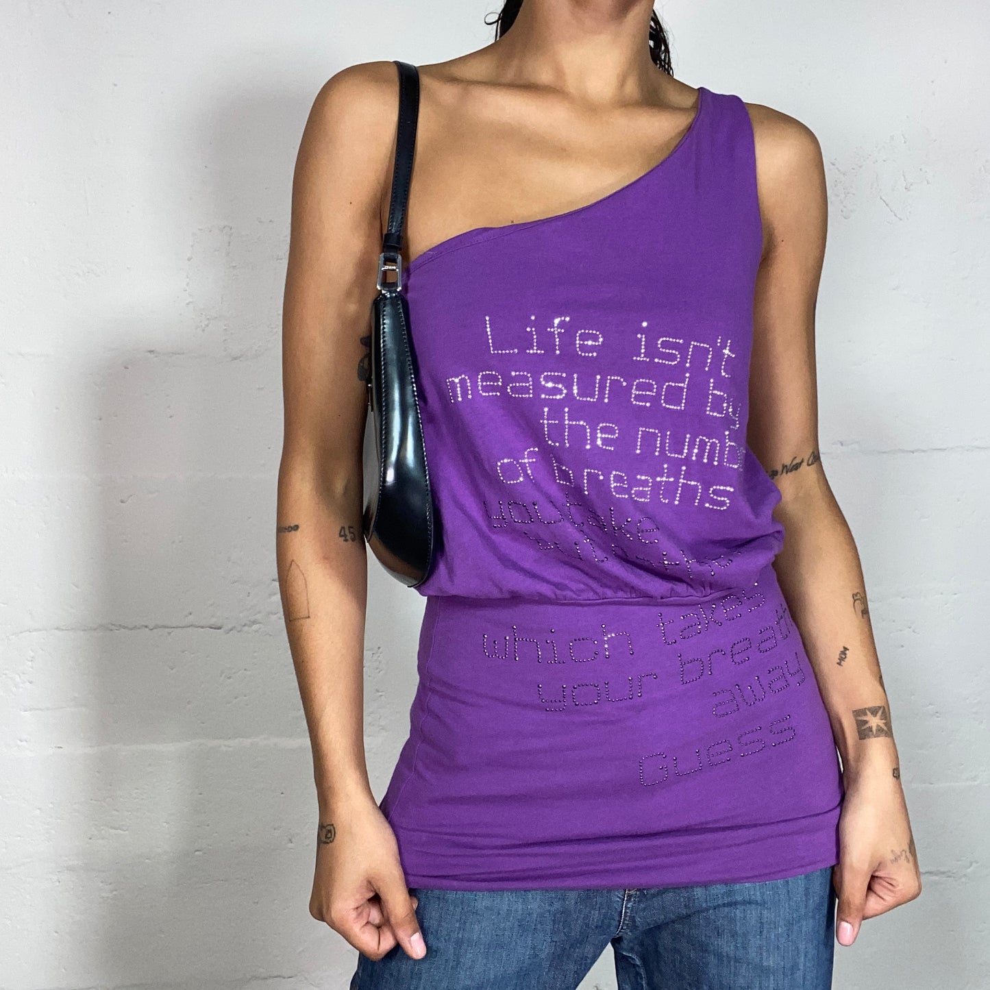 Vintage 2000's Guess Clubwear Purple One Shoulder Top with Rhinestones Text Print (S/M)