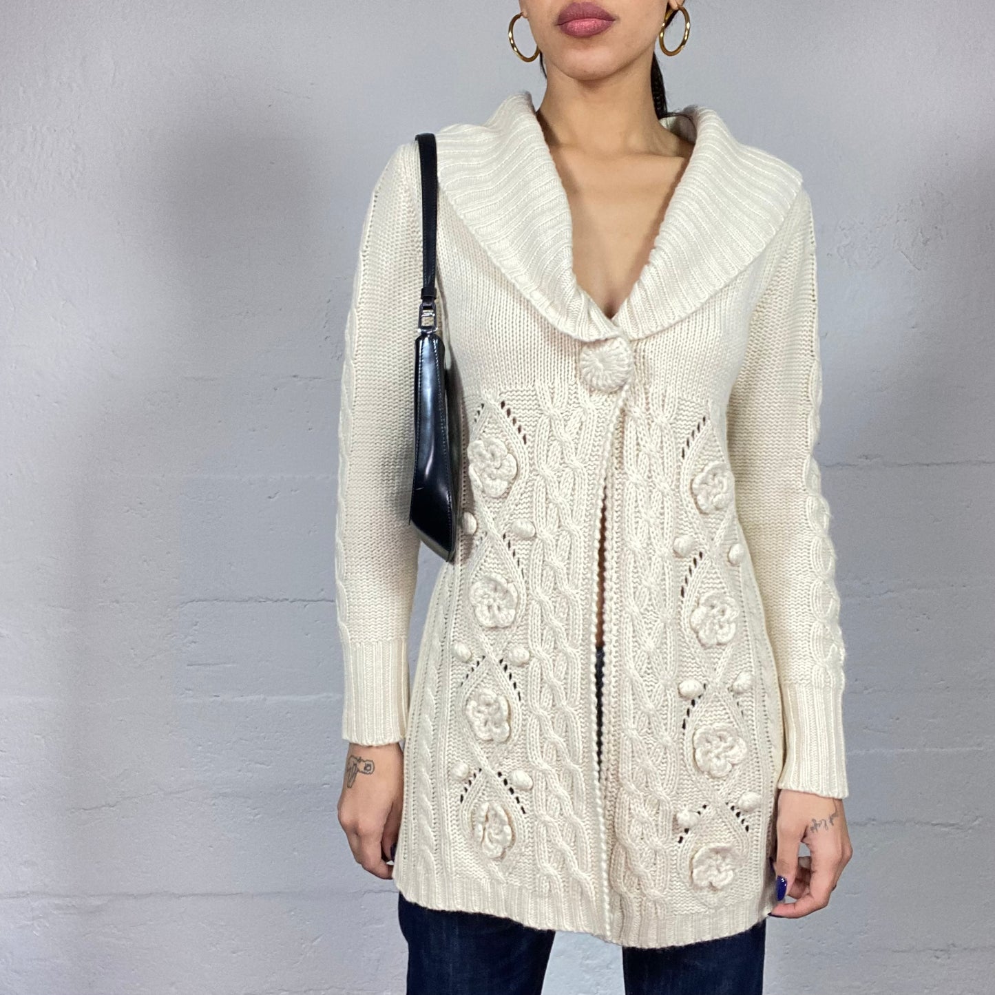 Vintage 2000's Fairy Cream Long Cardigan with Knitted Flowers Detail (S)