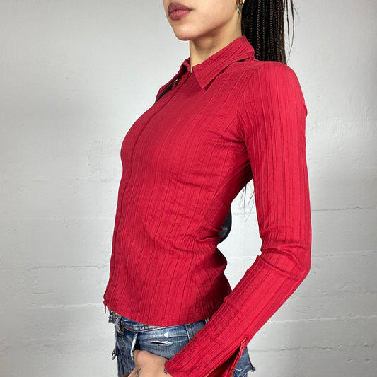 Vintage 2000's Corpcore Red Longsleeve Zip Up Shirt (S)