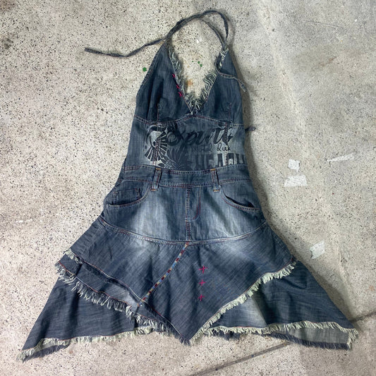 Vintage 2000's Grunge Denim Neckholder Deconstructed Dress with Typography Print (XS)