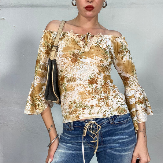 Vintage 90's Western White Off Shoulder Longsleeve Top with Brown Rose Print and Tie Detail (S/M)