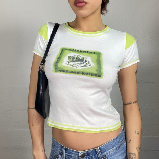 Vintage 2000's Downtown Girl White Crop Top with Green Rose Print (S)