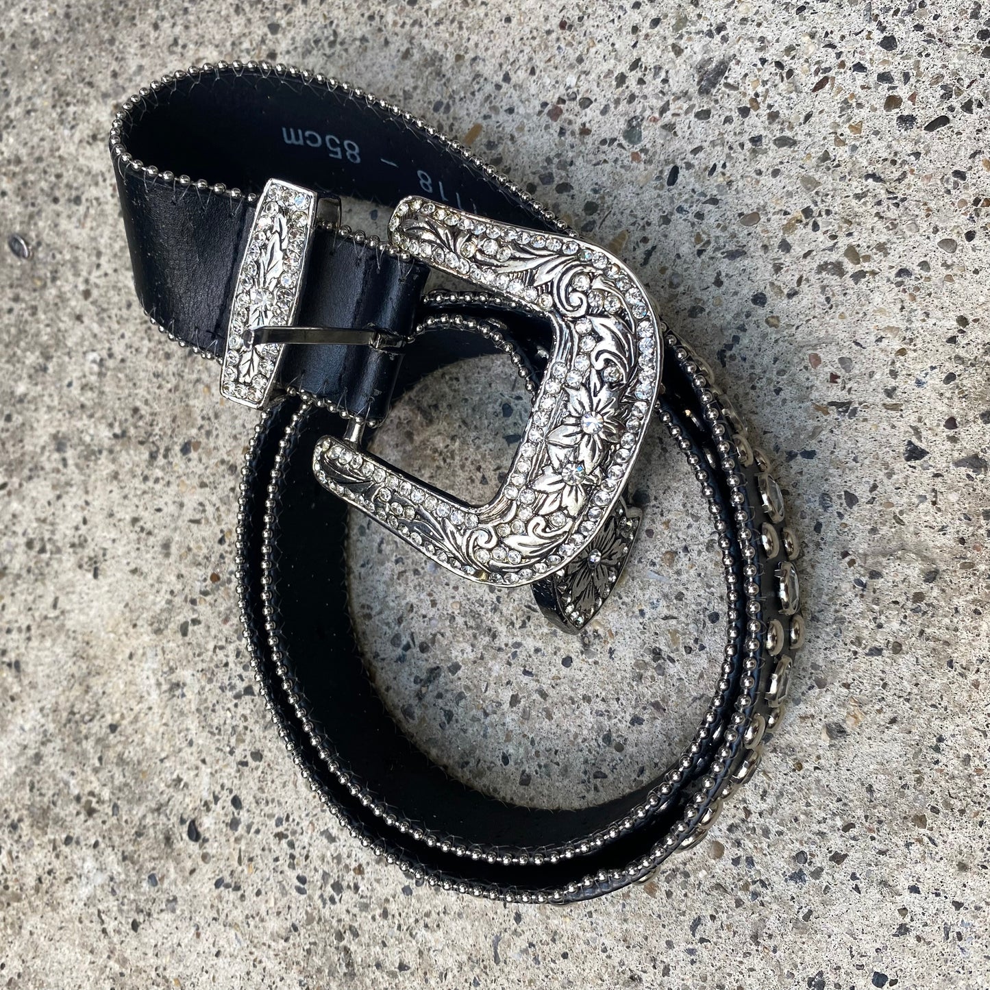 Vintage 2000's Cowboy Black Belt with Silver Goldsmith Work and Rhinestone Detail