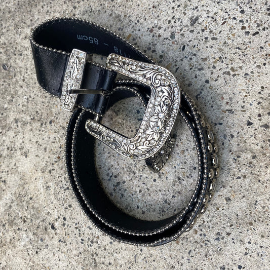 Vintage 2000's Cowboy Black Belt with Silver Goldsmith Work and Rhinestone Detail