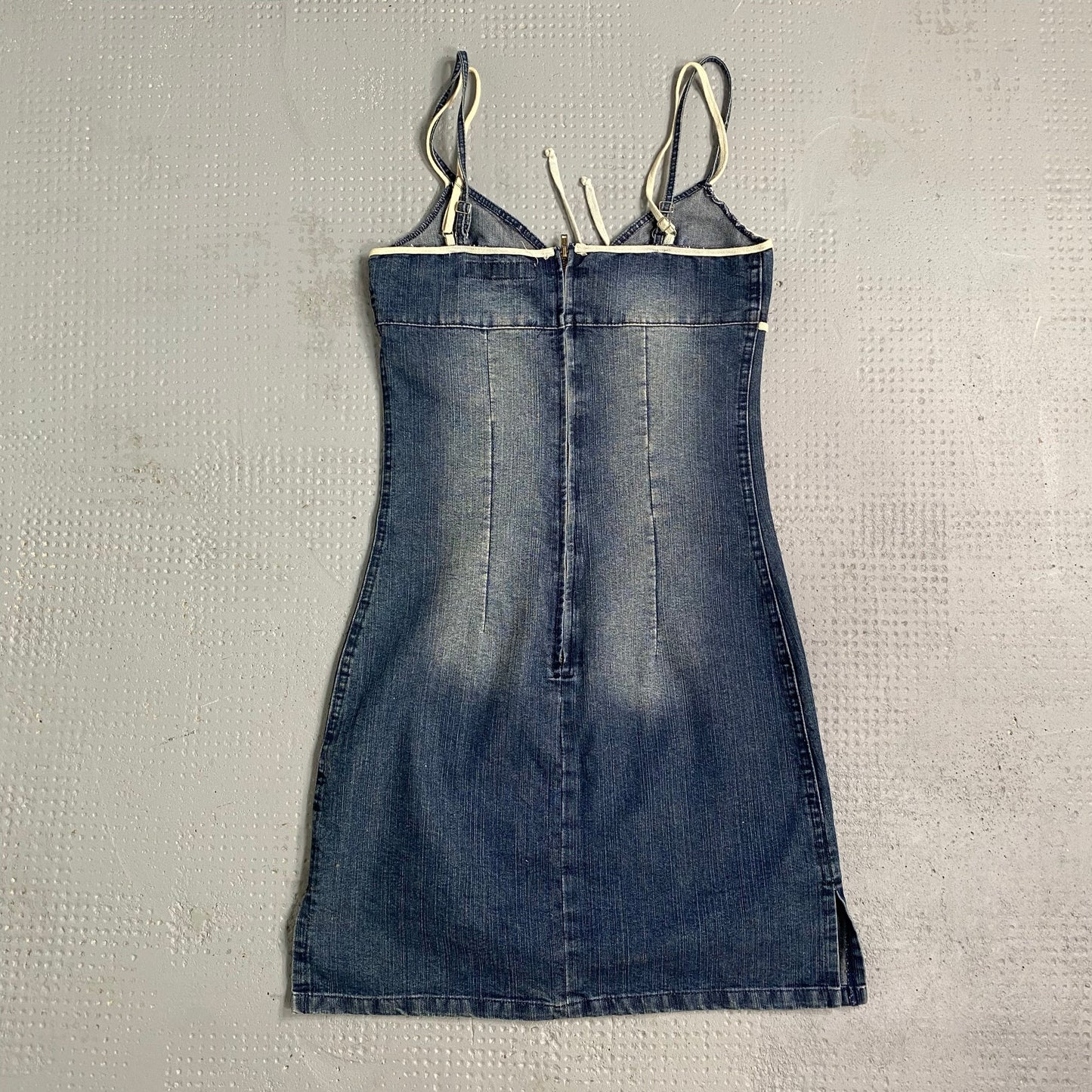 Vintage 2000's Barbie Denim Bodycon Dress with White Lace Up Trim Detail (XS)