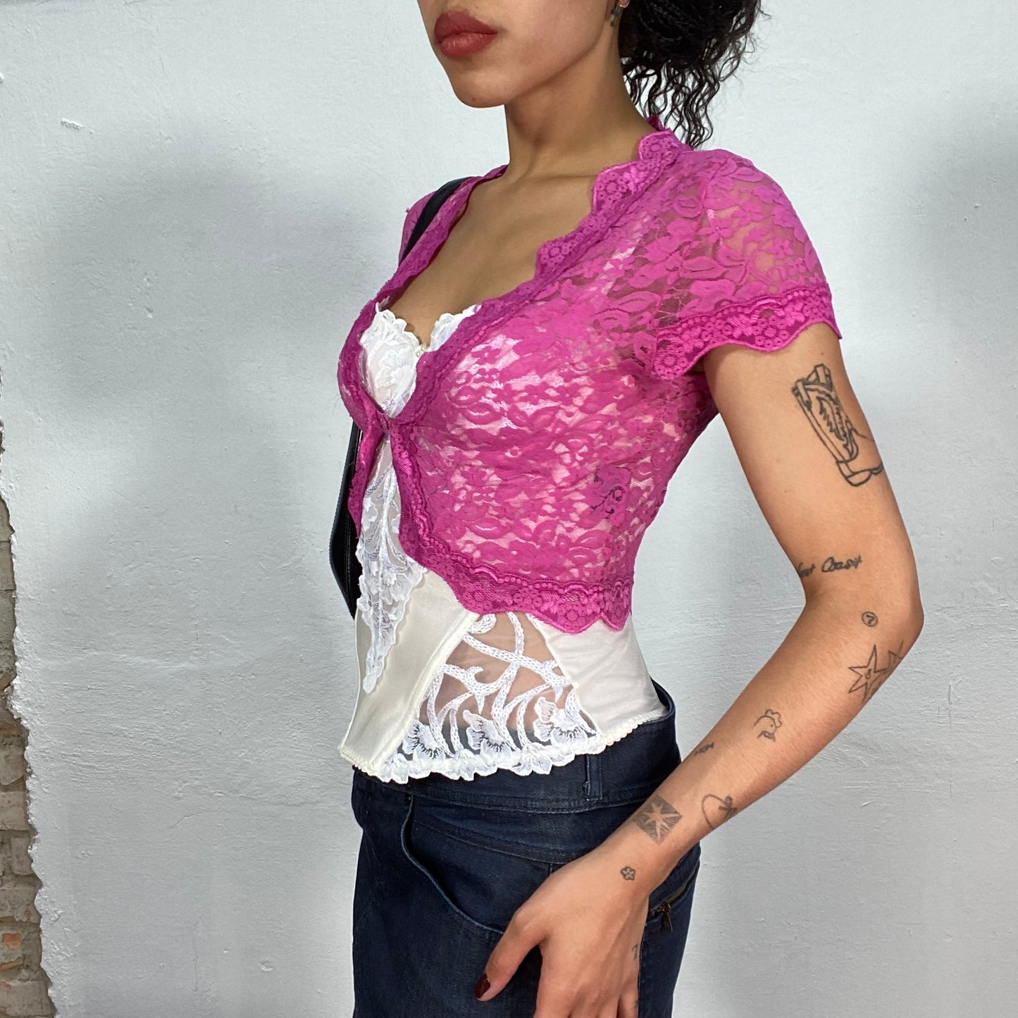 Vintage 2000's Ballet Core Pink Lace Shortsleeve Bolero (S)