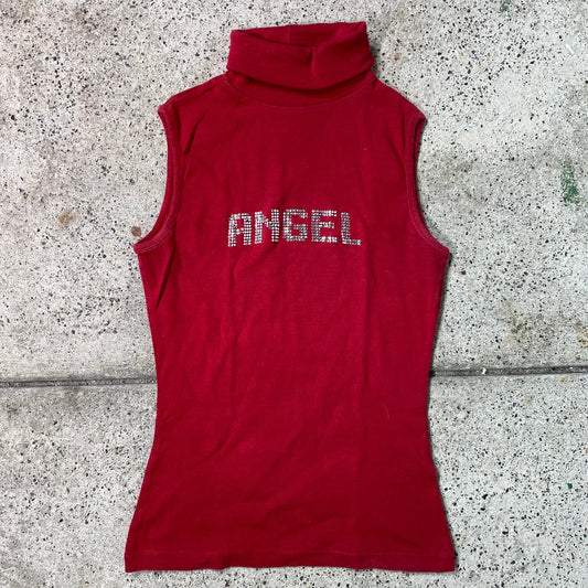 Vintage 2000's Streetstyle Red Turtleneck Tank Top with Rhinestone 'Angel' Print (S)
