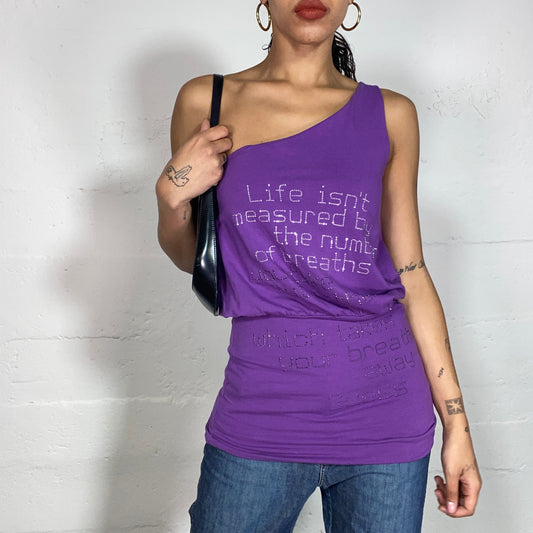 Vintage 2000's Guess Clubwear Purple One Shoulder Top with Rhinestones Text Print (S/M)