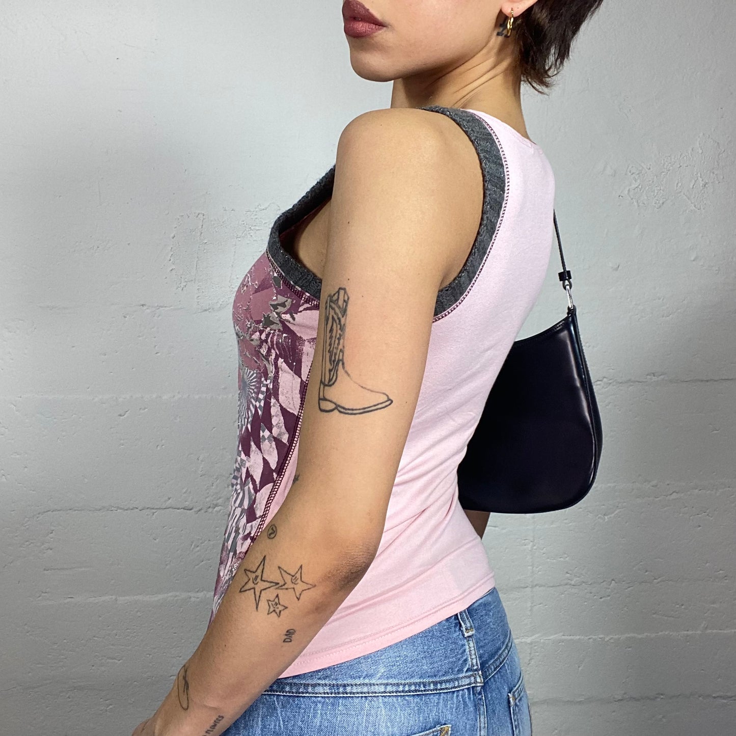 Vintage 2000's Morgan Soft Girl Pink Top with Roses and Wavy Checkered Print (S)