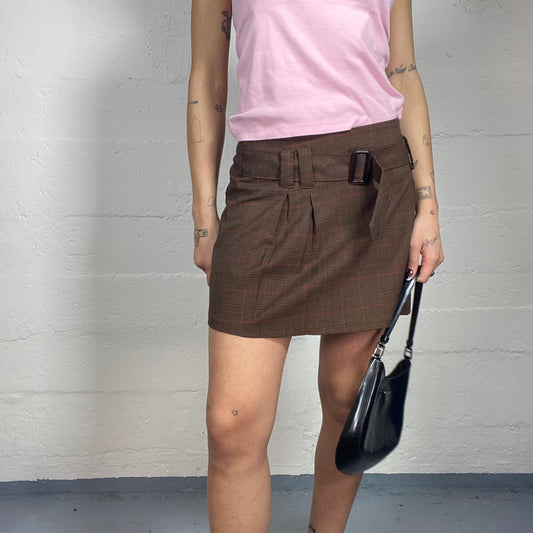 Vintage 2000's Corpcore Girl Brown Mini Pleated Skirt with Checkered Print and Belt Detail (S)