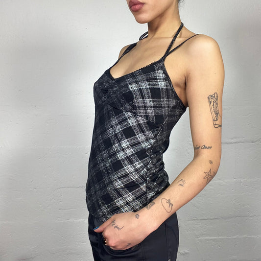 Vintage 2000's Clubwear Grey Neckholder Top with Black Checkered Print (S)