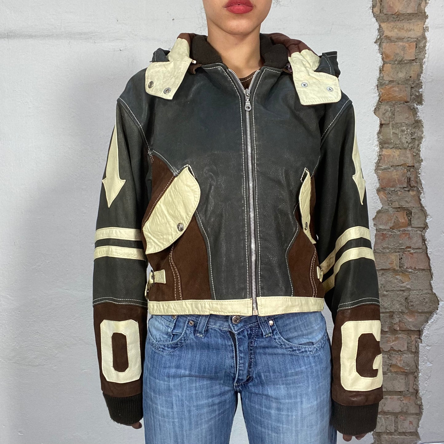 Vintage 90's Streetstyle Black Brown and White Leather Jacket with Hood (M)