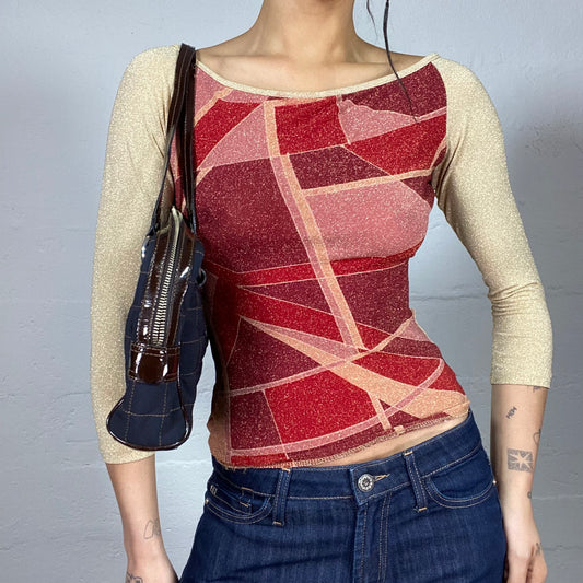 Vintage 90's Funky Glitter Gold Longsleeve Top with Red Cubism Print (S)
