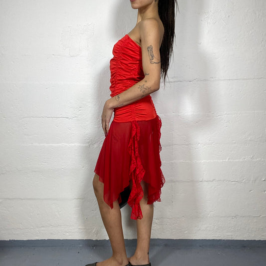 Vintage 90's Festive Red Strapless Satin Dress with Deconstructed Mesh Bottom Detail (M)