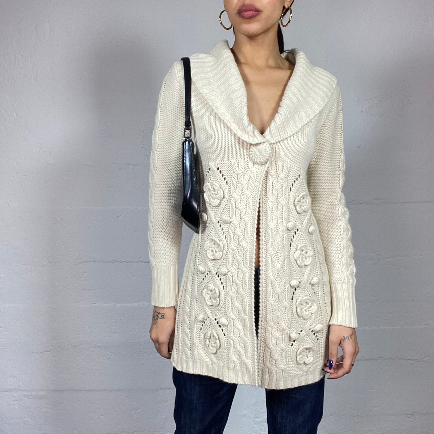 Vintage 2000's Fairy Cream Long Cardigan with Knitted Flowers Detail (S)