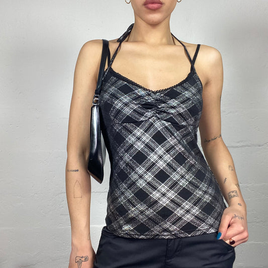 Vintage 2000's Clubwear Grey Neckholder Top with Black Checkered Print (S)