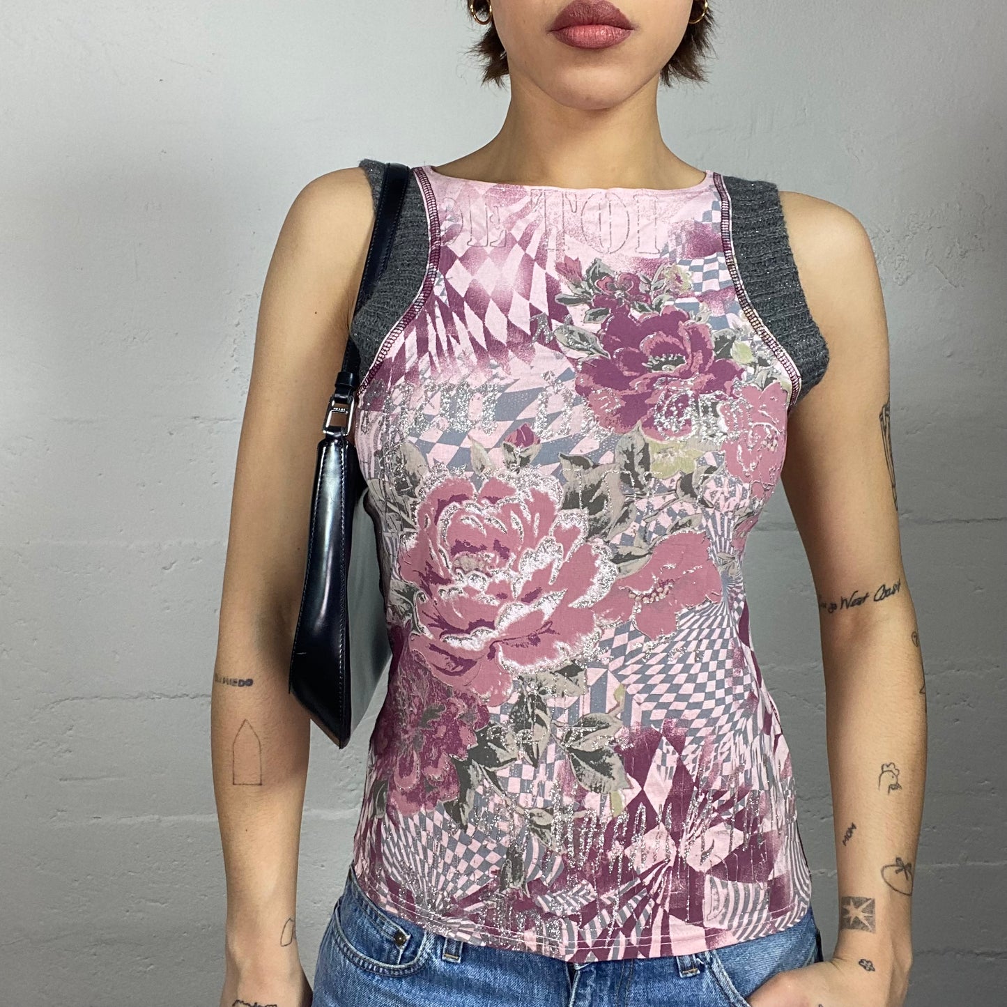 Vintage 2000's Morgan Soft Girl Pink Top with Roses and Wavy Checkered Print (S)