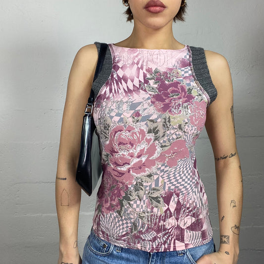 Vintage 2000's Morgan Soft Girl Pink Top with Roses and Wavy Checkered Print (S)