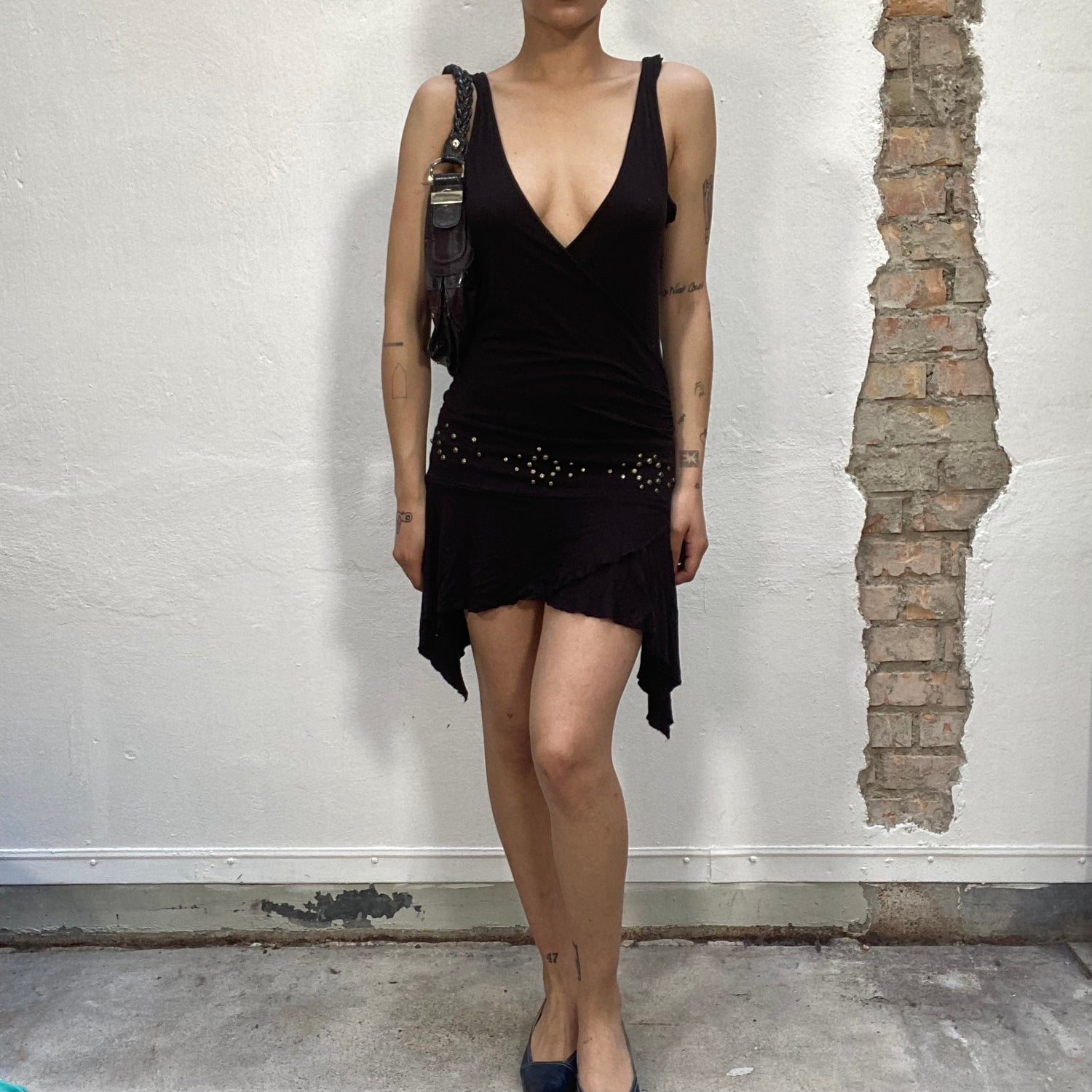 Vintage 2000's Indie Sleaze Dark Brown Mini Dress with Bras Stud