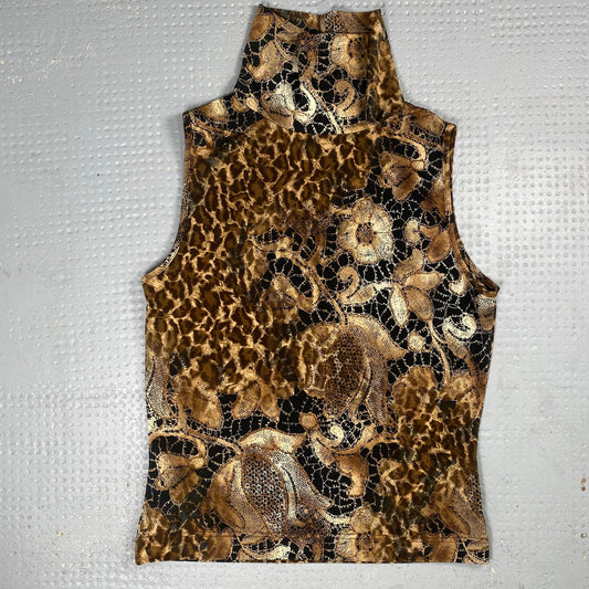 Vintage 90's Janice Brown and Black Highneck Top with Floral and Cheetah Print (XS)