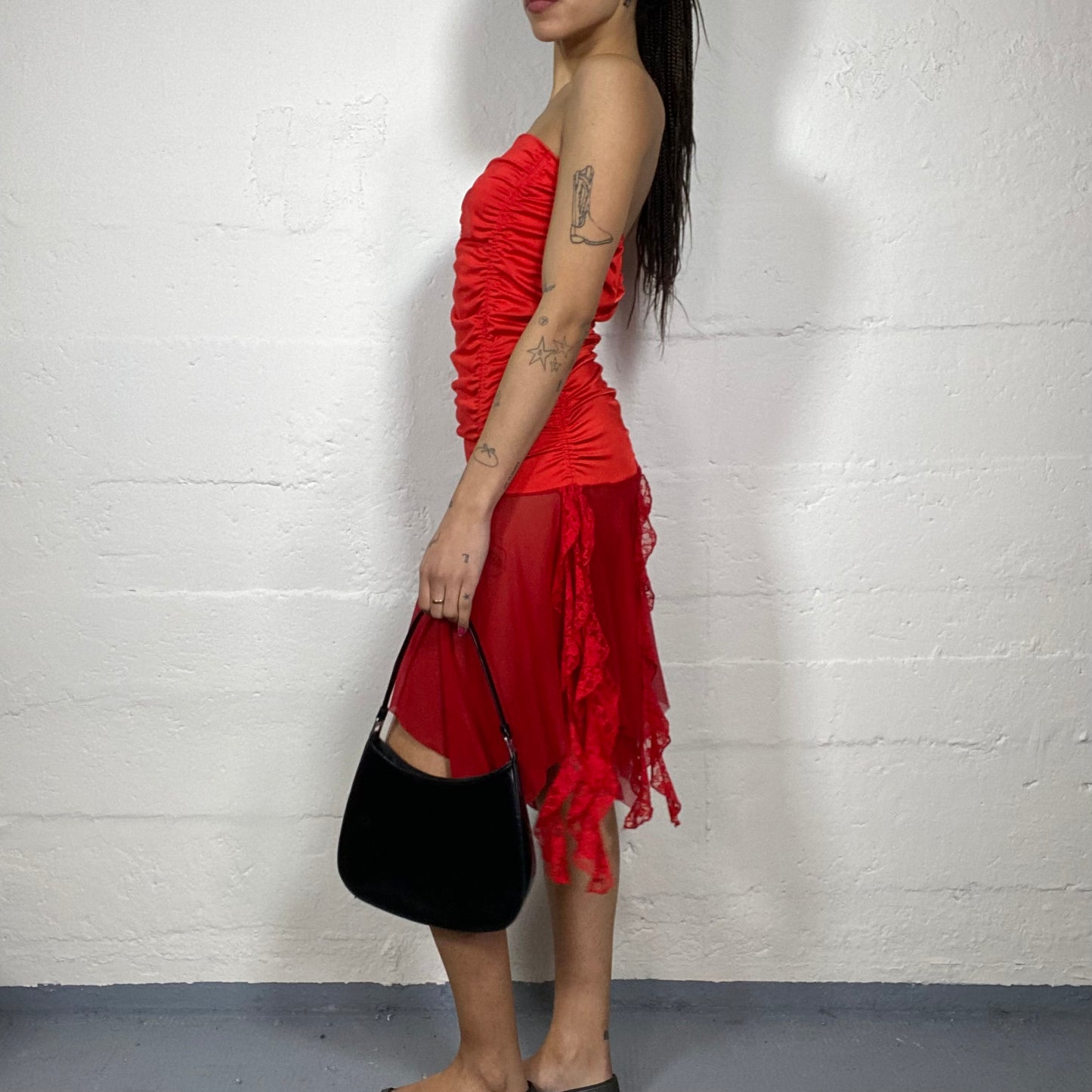 Vintage 90's Festive Red Strapless Satin Dress with Deconstructed Mesh Bottom Detail (M)