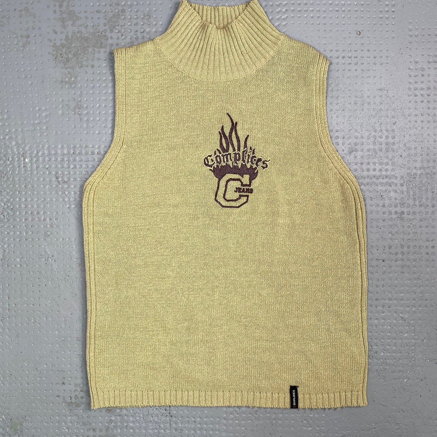 Vintage 90's Rachel Green Beige Highneck Knitted Top with Flamind Brand Logo Embroidery Detail (S)