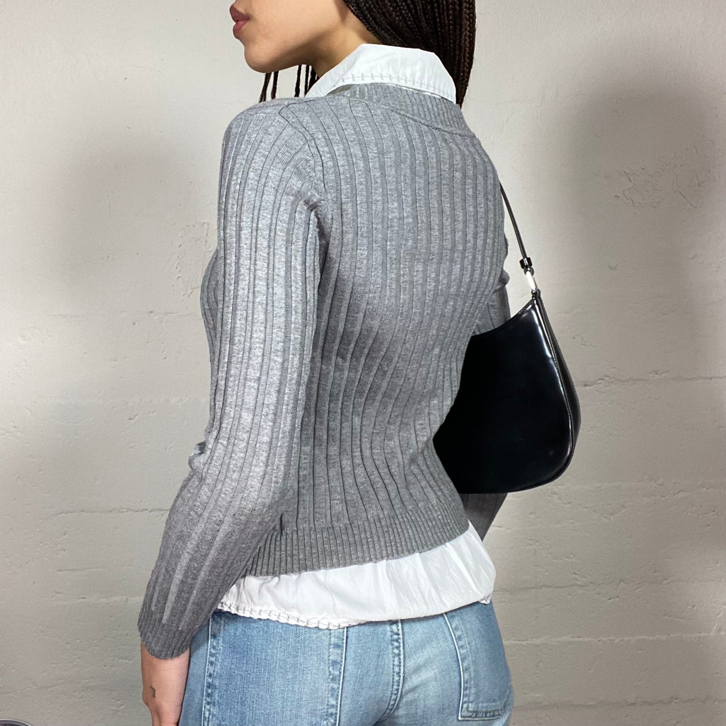Vintage 2000's Office Girl Layered Knitted Grey Longlseeve Bolero with White Shirt (S/M)