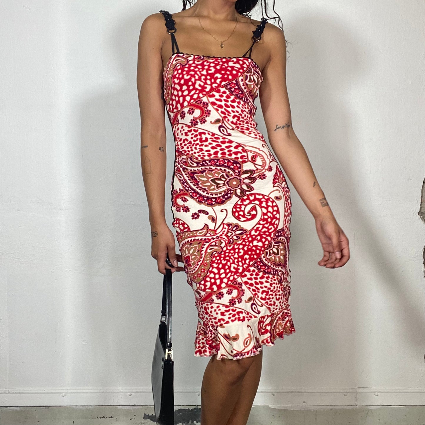 Vintage 2000's Summer Red Bodycon Dress with Paisley Maxi Print (XS/S)