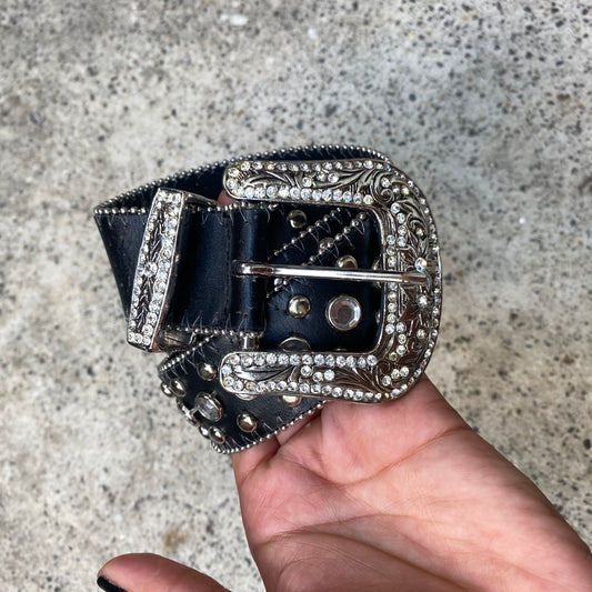 Vintage 2000's Cowboy Black Belt with Silver Goldsmith Work and Rhinestone Detail