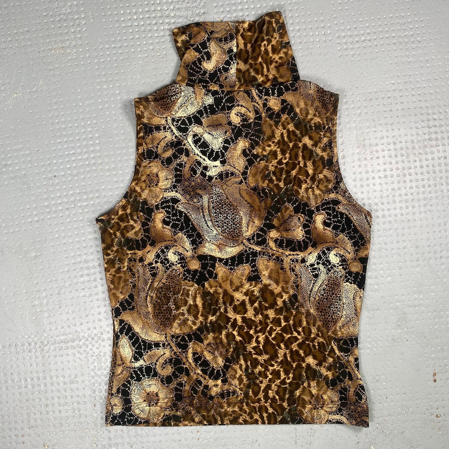 Vintage 90's Janice Brown and Black Highneck Top with Floral and Cheetah Print (XS)