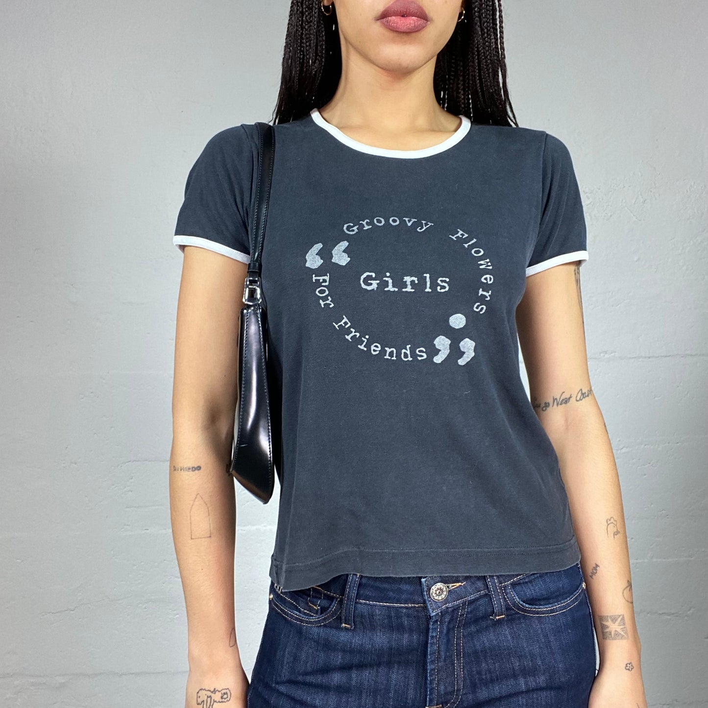 Vintage 2000's Sleaze Black Top with Flower Friends Print (S)
