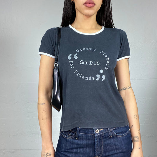 Vintage 2000's Sleaze Black Top with Flower Friends Print (S)